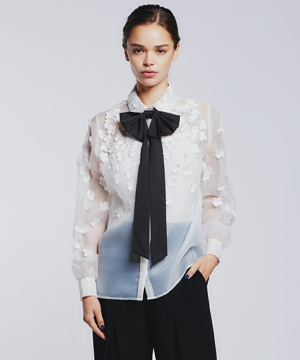 花様　DOUBLE STANDARD CLOTHING 新品オーガンジーリボン Sov. / オーガンジーフラワーボウタイシャツ TOPS Night STORE