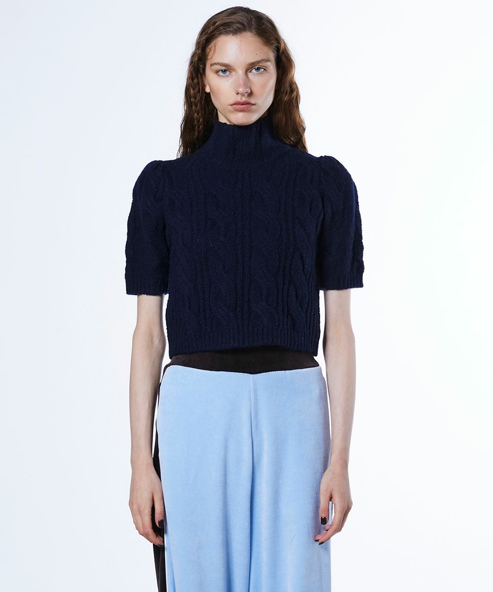ENFOLD ショルダーパーツ　ケーブルニット　ダークネイビー ESSENTIAL / 片畦ケーブルショートニット TOPS Night STORE | ダブル