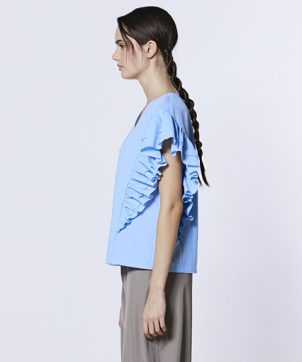 『スーさん』青いフリルトップス Sov. / スーピマコットン Vネックフリルトップス TOPS Night STORE
