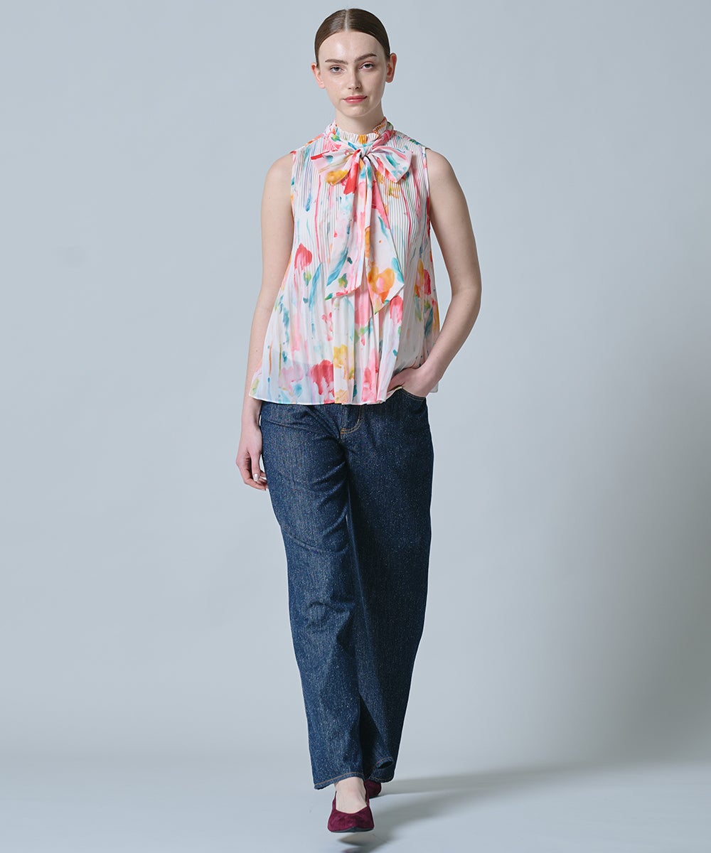 DSC / フラワーシフォンギャザーボウタイノースリブラウス TOPS Night