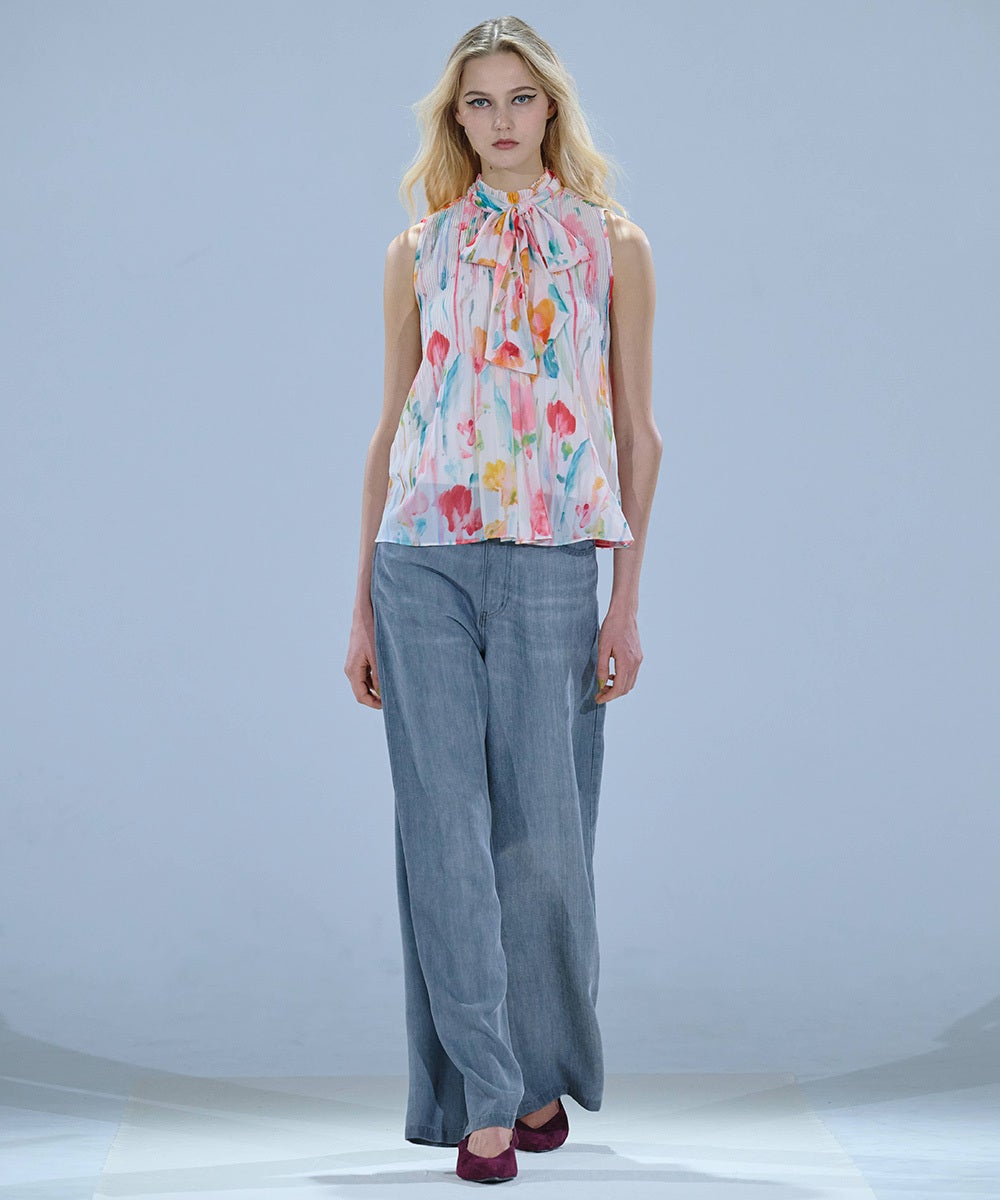 DSC / フラワーシフォンギャザーボウタイノースリブラウス TOPS Night